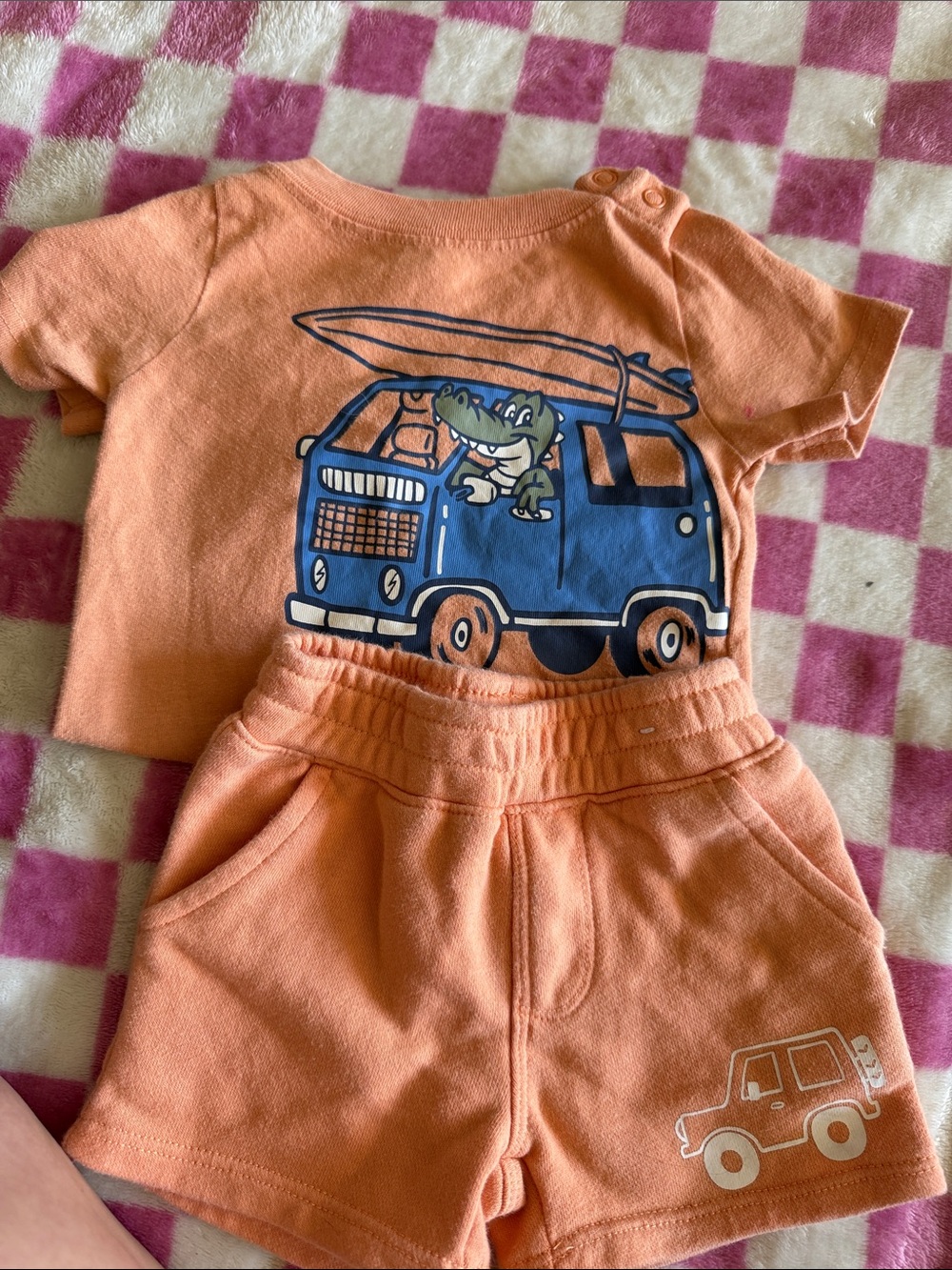 Orange Baby Tee & Shorts Set with Blue Van Graphic